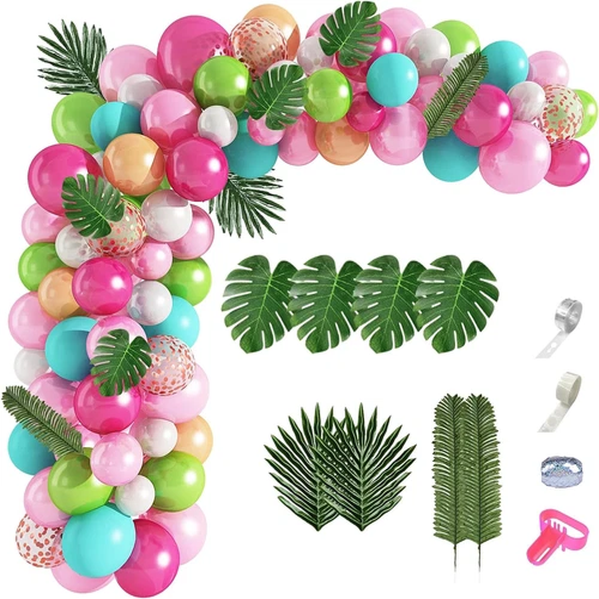 132Pcs Tropical Flamingo Balloons Garland Kit, 40'' Coconut Tree Foil Flamingo B