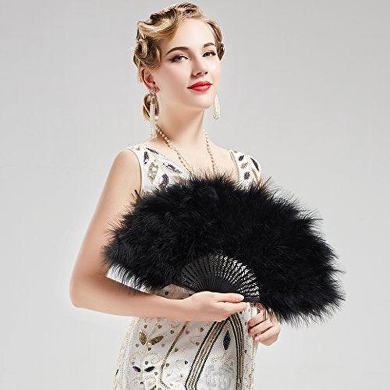 20s Vintage Style Folding Handheld Flapper Marabou Feather Hand Fan for Costume Halloween Dancing Party Tea Party Variety Show