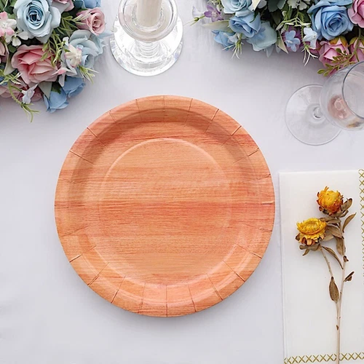 25 Natural 10 in Round Disposable Paper PLATES Wood Grain Design Party Events