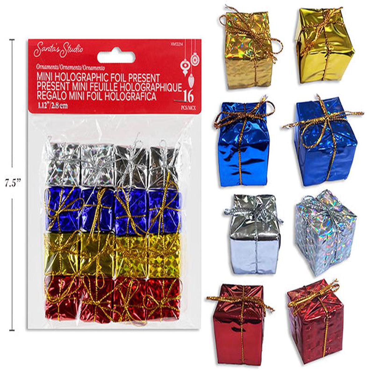 Adornos Navideos Mini Regalos Hologrficos 16 unidades Colores Azul Rojo Plateado y Dorado