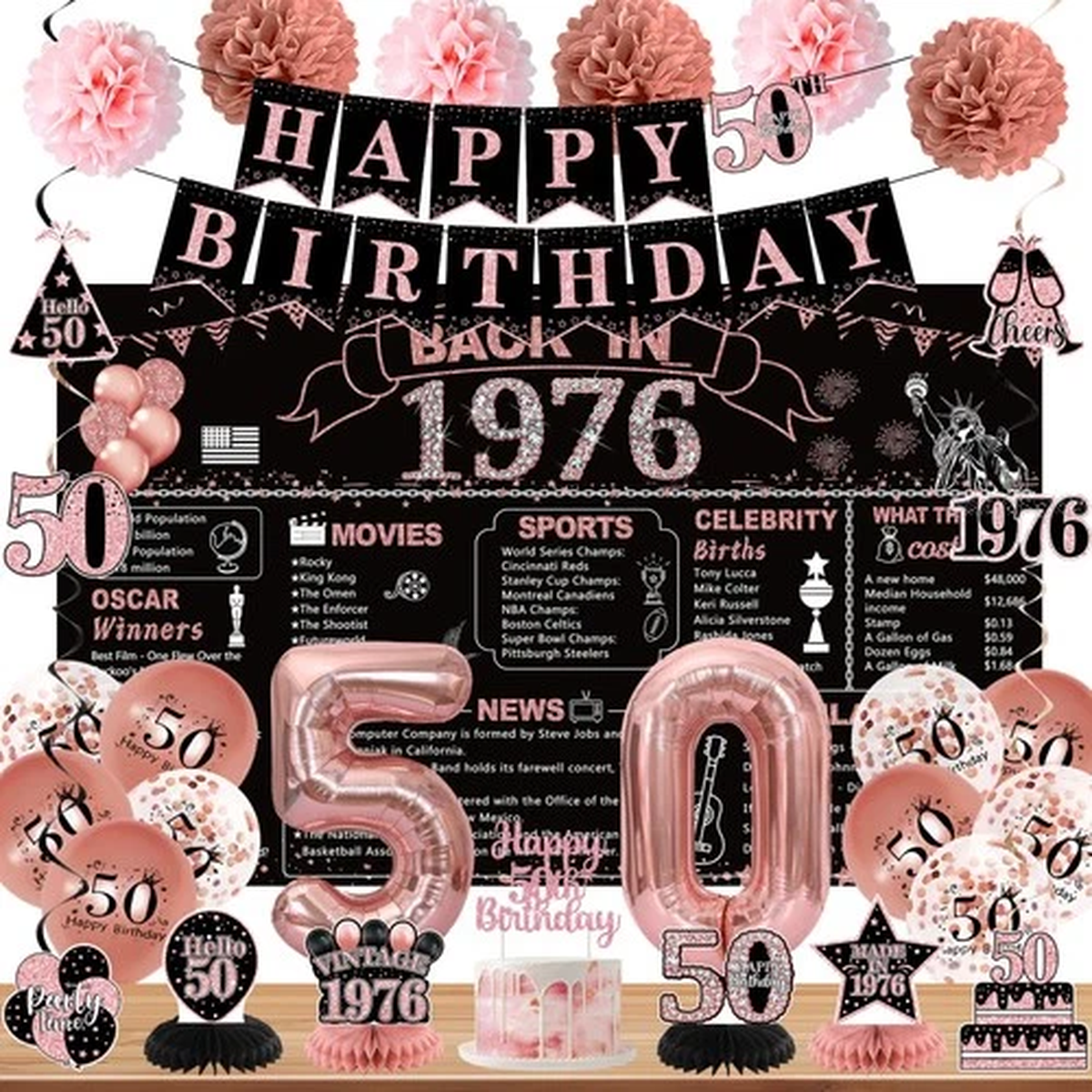 DARUNAXY 50th Birthday Party Decorations for Women, Rose Gold Back in 1976