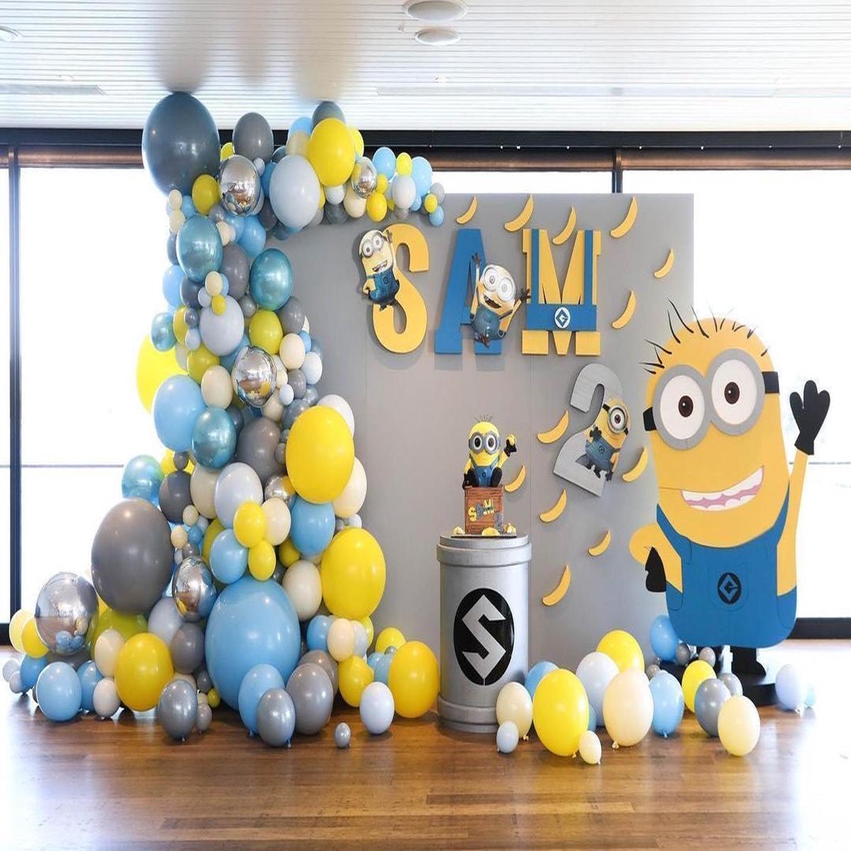 Full Set Customizable Board Backdrop with Balloon Blue, Silver, Gray and Yellow with Minions Charac