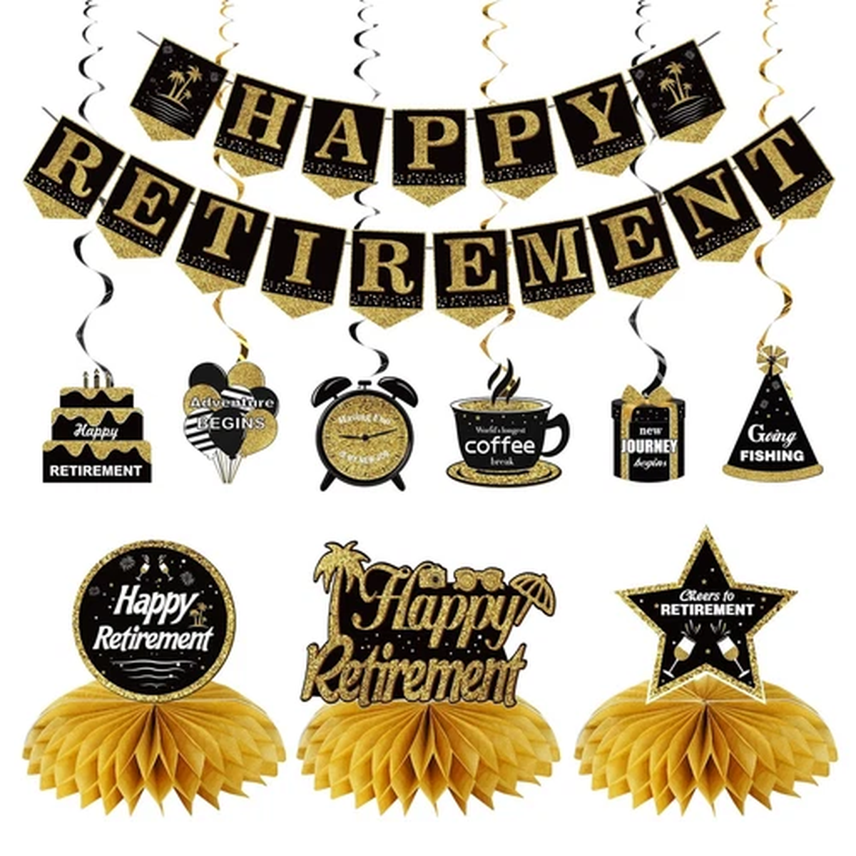 Happy Retirement Party Decorations Kit for Women Men, Black Gold Retirement B...