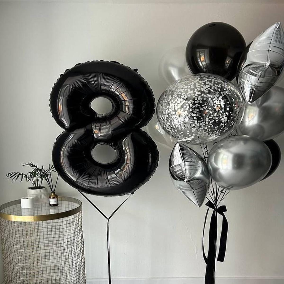 Helium Balloons Single Number Set Black '8' with Latex Balloons Black, Clear and Gold with Bobo Cle