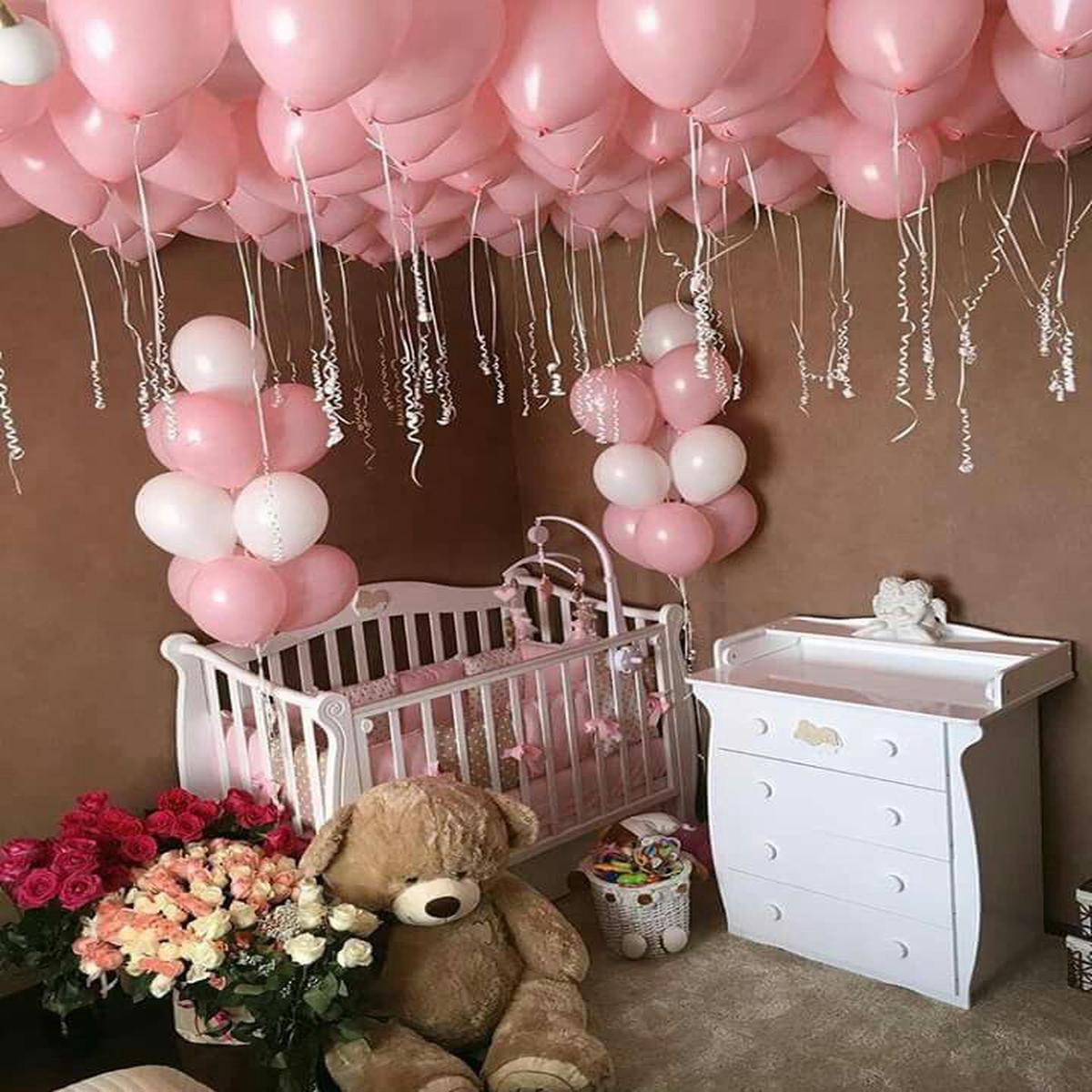 Hospital or Home Welcome Baby Set Decor Helium Balloon Pink and White Ceiling and Latex Bunch - Per