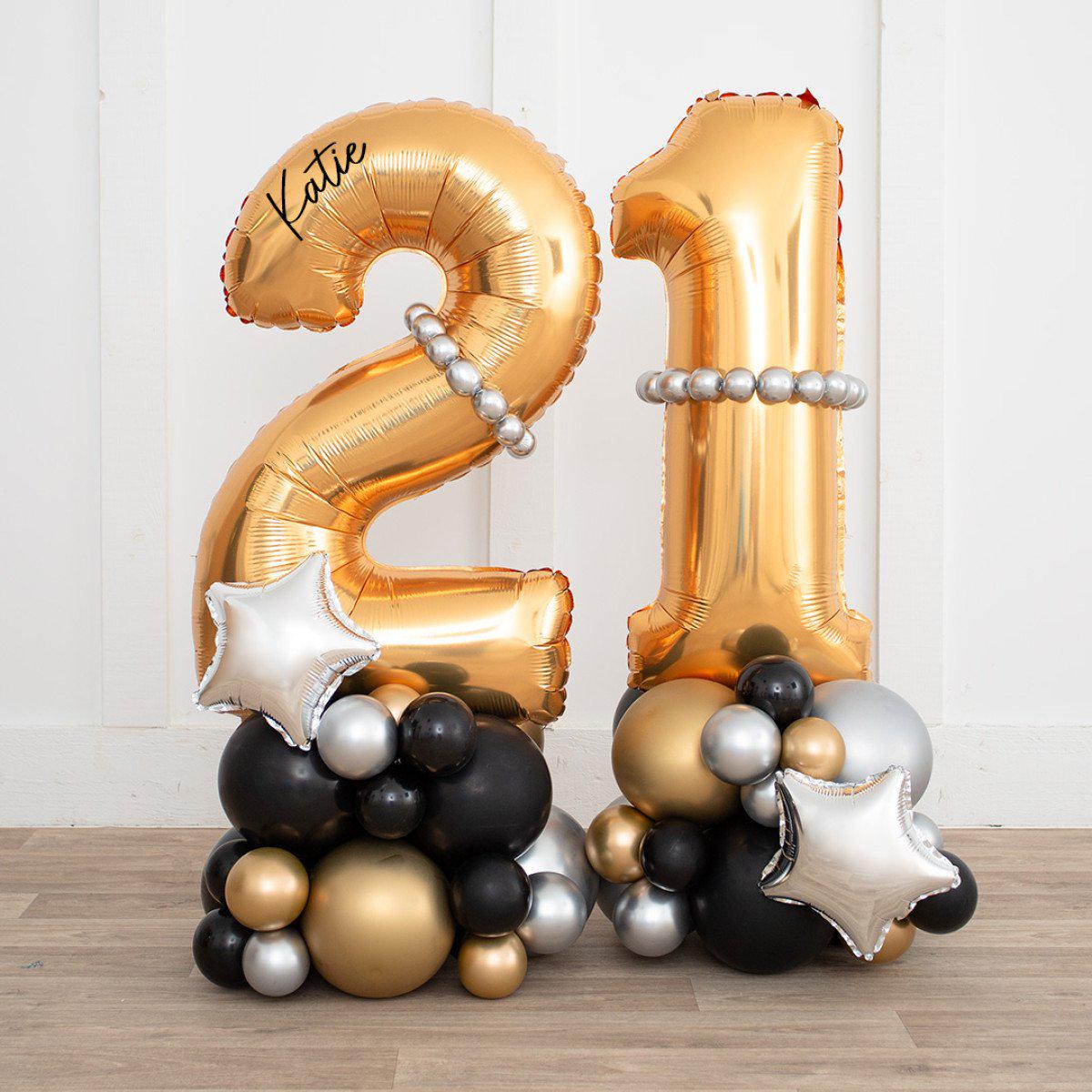 Number Balloon on Stand 21 with Gold, Silver, and Black Accents  Customizable Design and Sticker