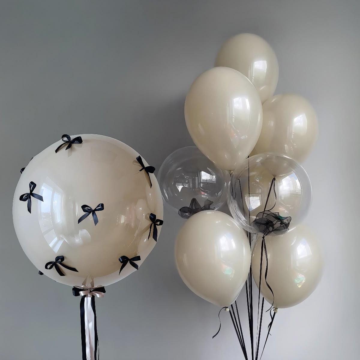 Personalised Helium Balloon Clear with Double Layered Sand White and Clear Latex and Black Ribbons 