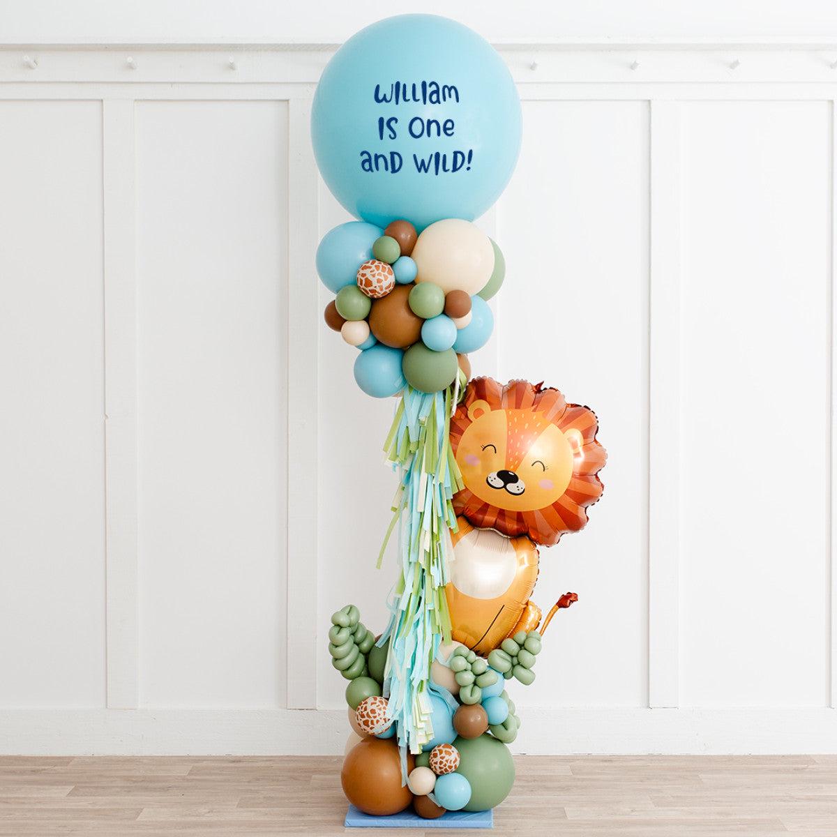 Personalised Lion Animal with small Animal Print Balloon and Tassels Pillar/Column/Tower - Customiz