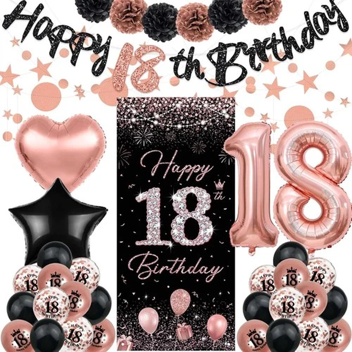 Rose Gold 18th Birthday Decorations - Happy Banner, Rosegold