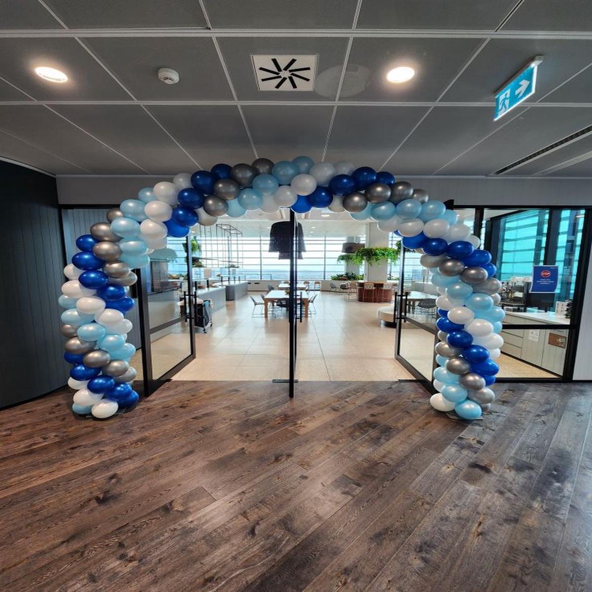 Balloon Arch Blue, White and Silver Spiral Arrangement - Corporate Event, Grand Opening, Company Ev