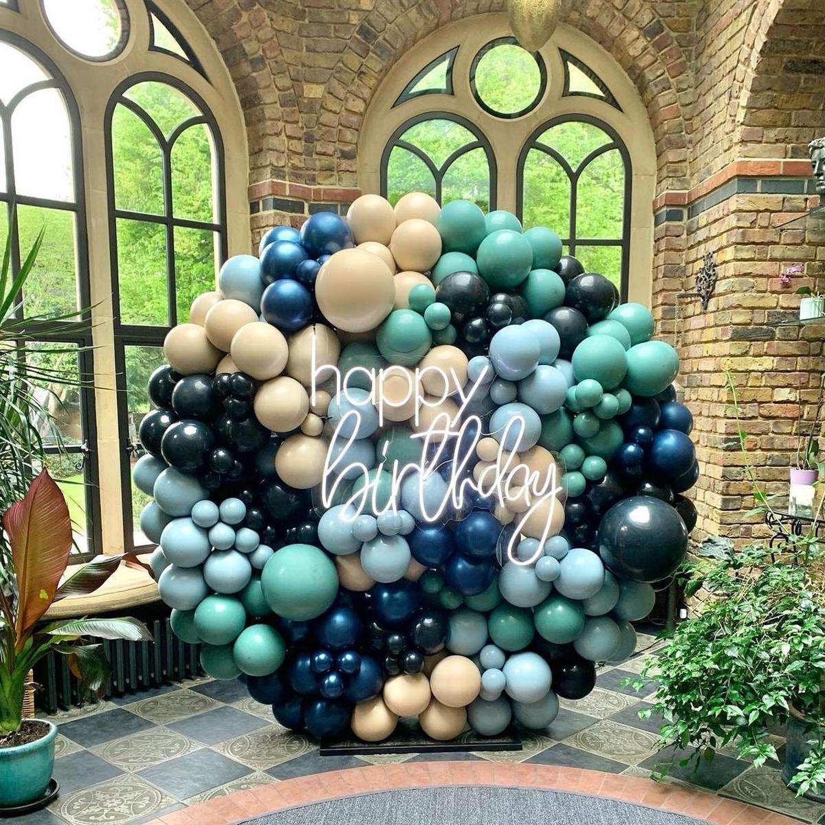 Round Balloon Different Shade of Blue, Green and Beige Wall with Customizable LED Acrylic Happy Bir