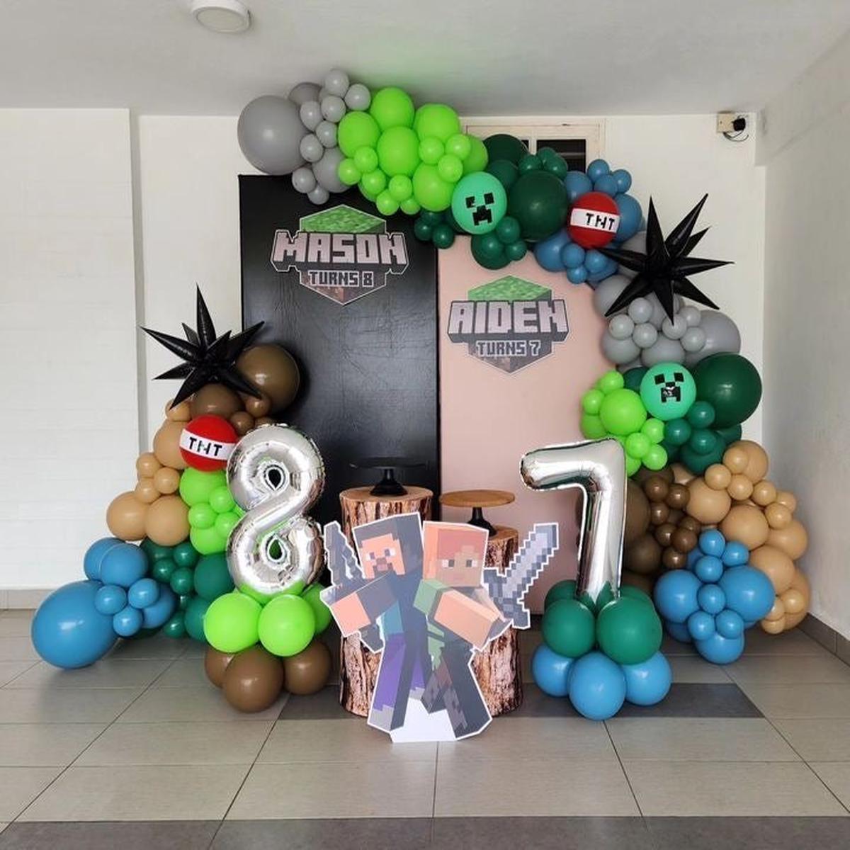Customizable Board Backdrop with Balloon Blue, Brown, Gray and Green with Silver Number Balloon on 