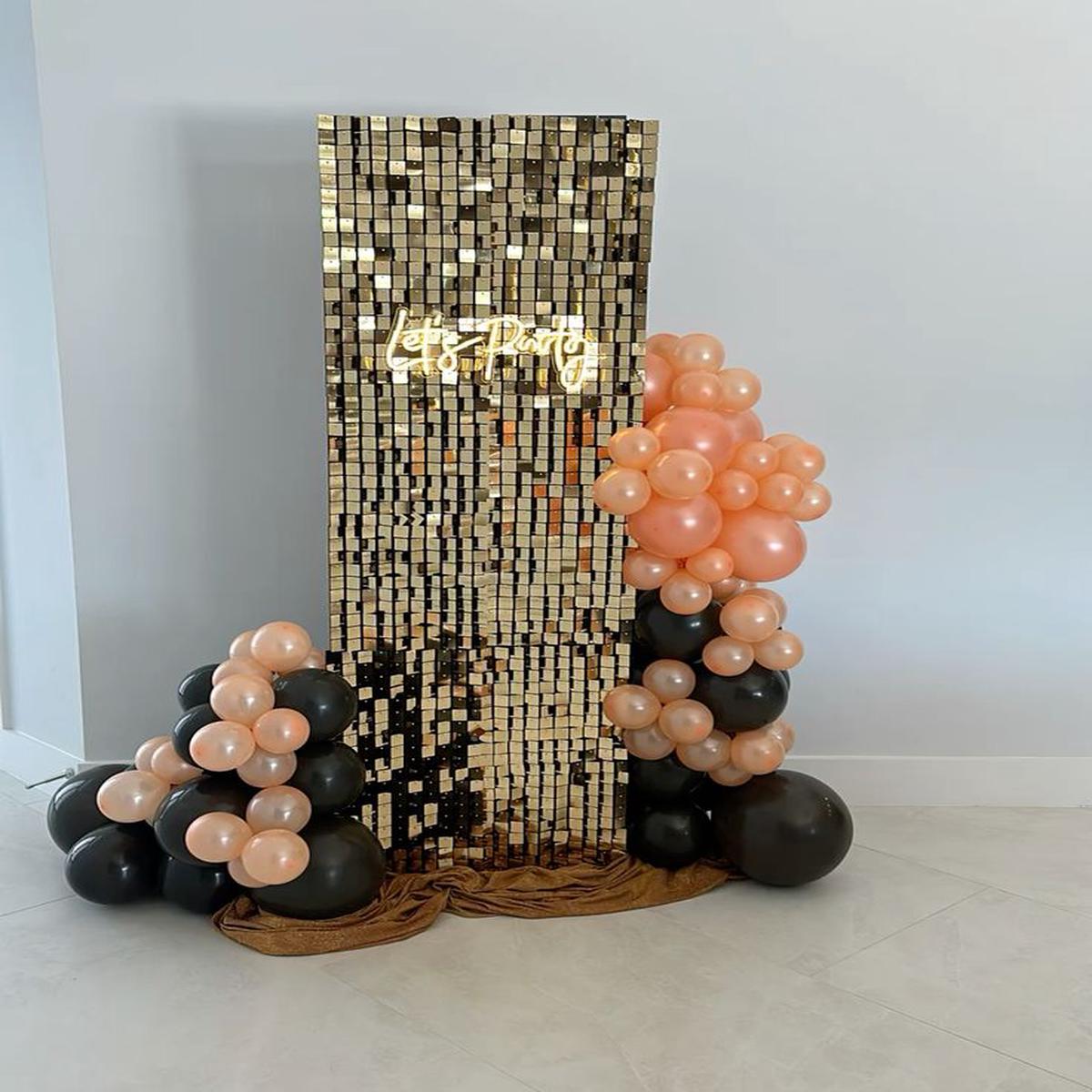 Gold Shimmer Wall Setup with Balloon Black and Peach , LED Acrylic 'Let's Party' - Perfect for any 