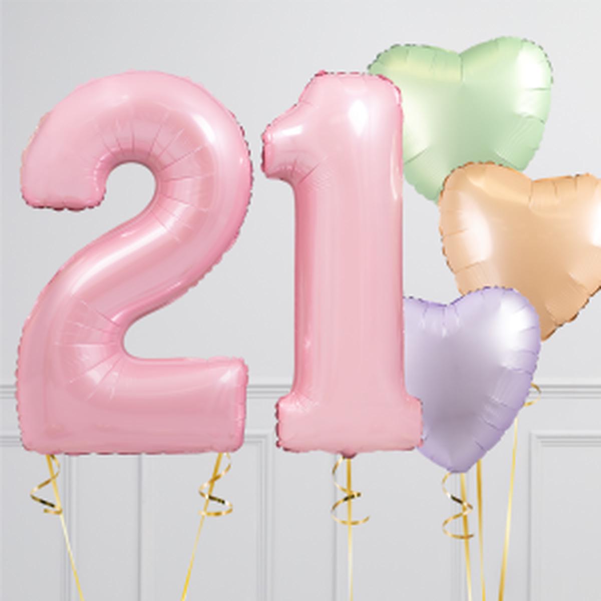 Helium Pink 21 Two Number Set Balloon with White Circle and Green, Beige and Purple Heart-Shaped Fo