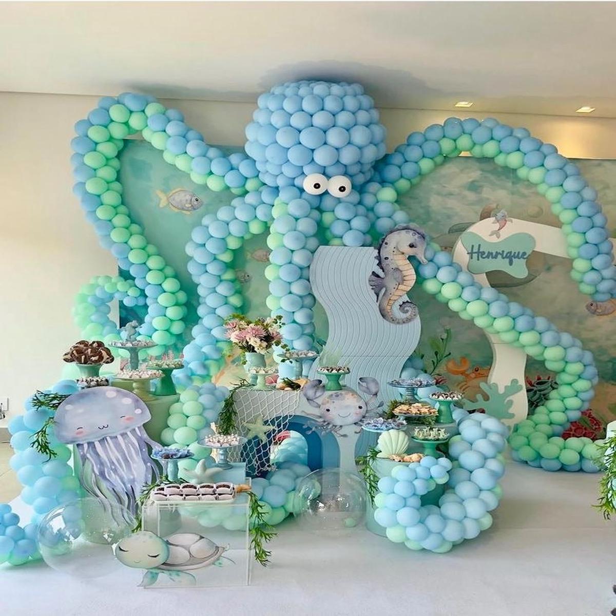 Setup of Customizable Backdrop with Mini Foam Board Sea Creatures, Flowers, 3pcs Cake Stand Decor a