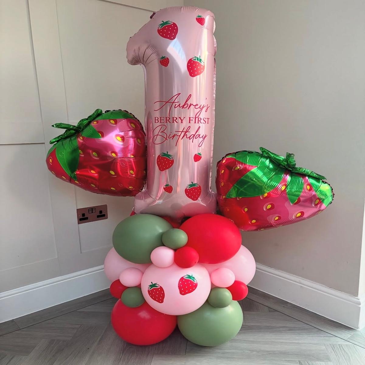 Balloon on Stand Pink Numbers '1' with Latex Green, Pink and Red with Customize Sticker and Strawbe