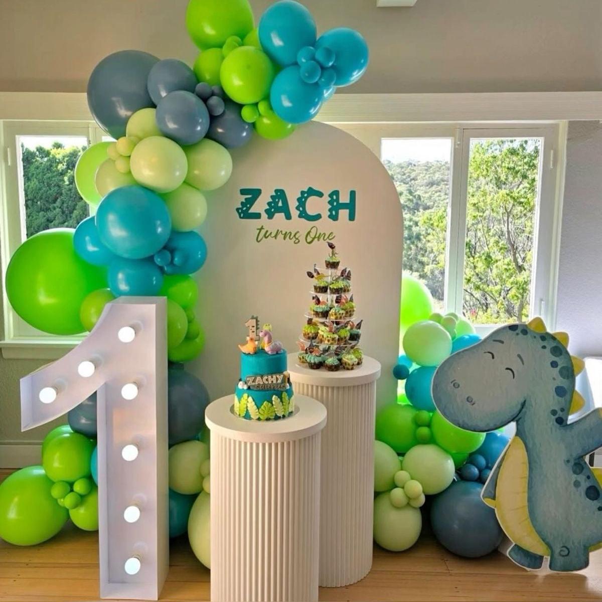 Customizable Board Backdrop with Balloon Blue and Green with Dinosaur Standee, Cake Stand and LED M