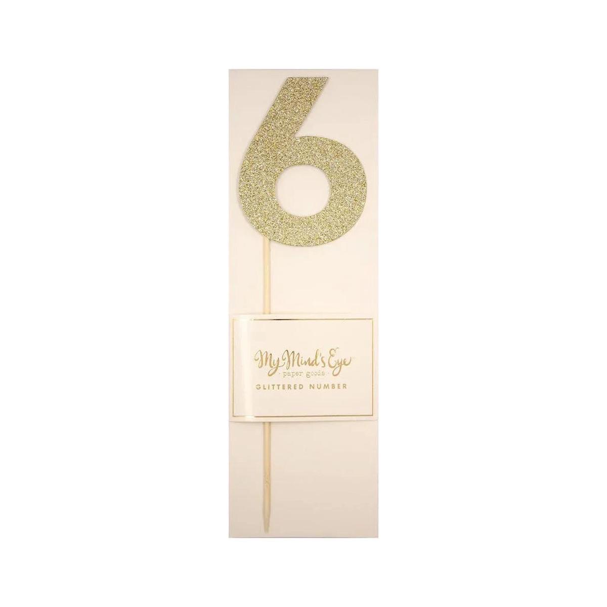 Gold Glitter Number Cake Topper Party Pick No. 6, 9" | 1ct