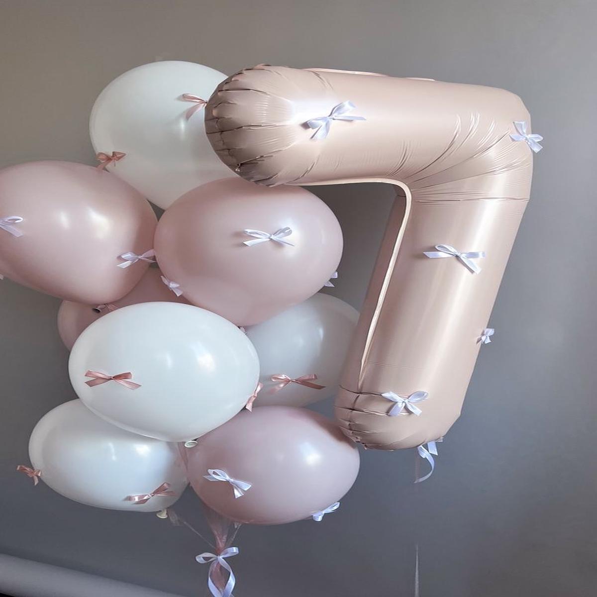 Helium Balloons Single Number Set Pink '7' and Latex Bunch Pink and White with Small Ribbons - Perf