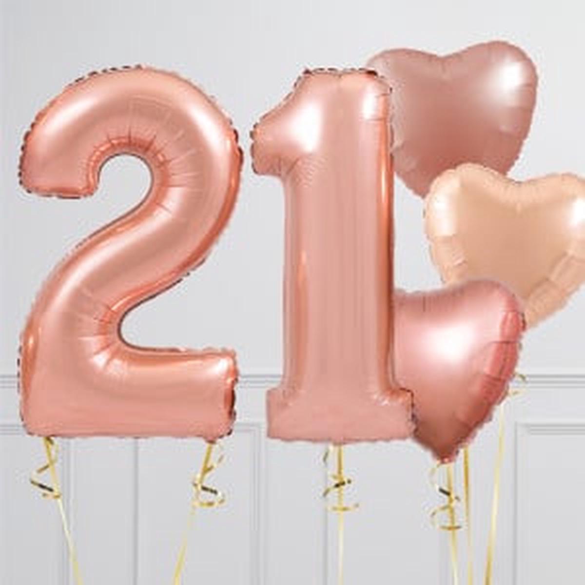 Helium Rose Gold 21 Two Number Set Balloon with White Circle and Heart-Shaped Foil Balloons