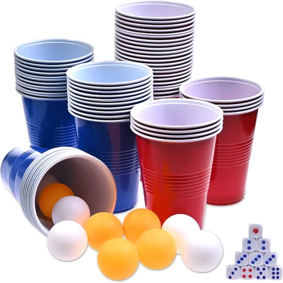 60 Packs 16 Oz Plastic Party Cups Reusable in Red and Blue with 10 Pack Ping Pon
