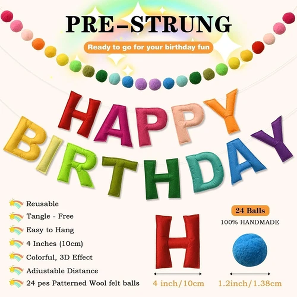 Happy Birthday Banner Felt Ball Garland Colorful Dainty Pre-Strung Rainbow Bi...
