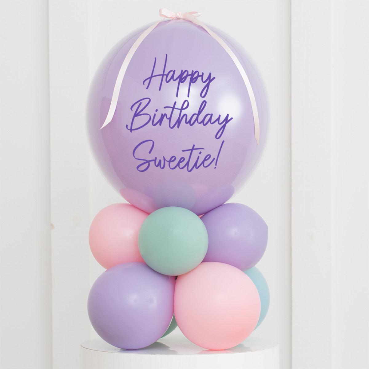 Personalised Birthday Bobo Balloon on Stand - Pink, Mint Green, Pastel Purple Clusters with Custom 