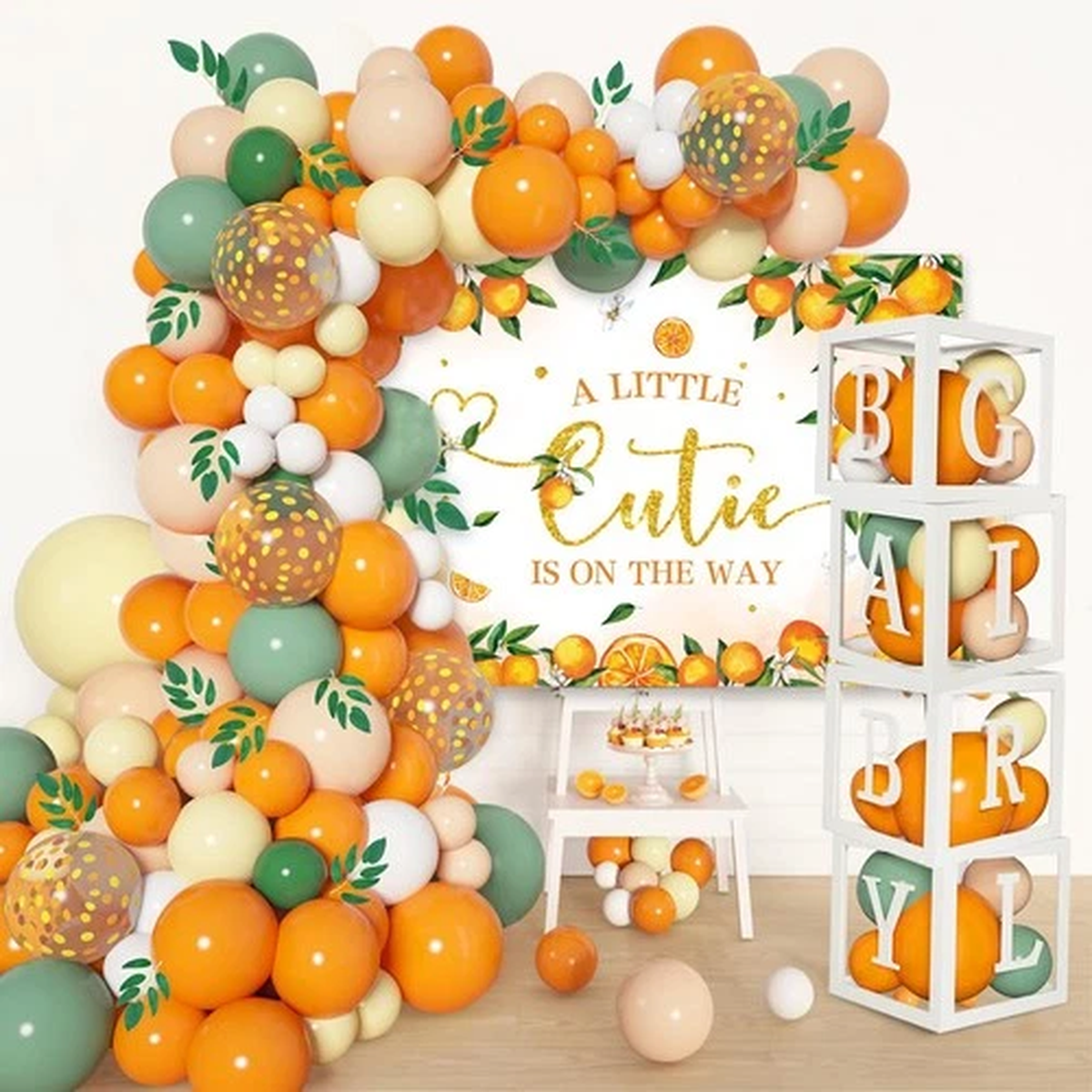 154PCS Little Cutie Baby Shower Decorations,Orange Balloon Garland Arch Kit w...