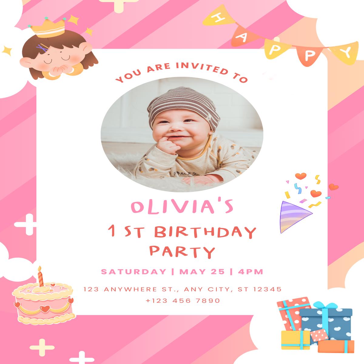 Cute Pink Theme Baby Girl Birthday Party Invitation - Customizable Photo & Details ( E-Invitation Card )