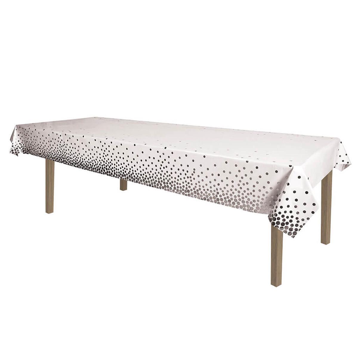 Metallic Silver Polka Dots Tablecover 54in x 108in