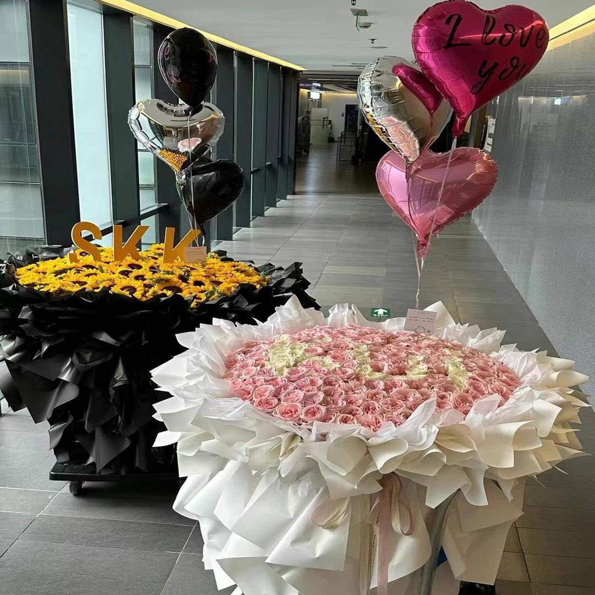 Surprise Gift Propose Marry Me or Celebrate an Anniversary Two Large Bouquets of Flowers with Heart