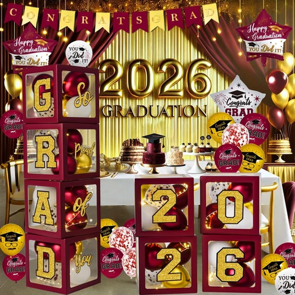 Graduation Decorations Class of 2026 - Maroon and Gold Graduation Decorations