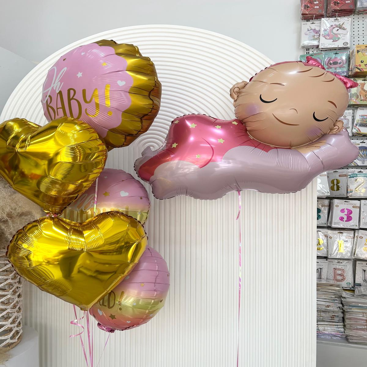Hospital Welcome Baby Helium Set Sleeping Baby Girl with Oh Baby Gold Hearts Foil  Customizable Des
