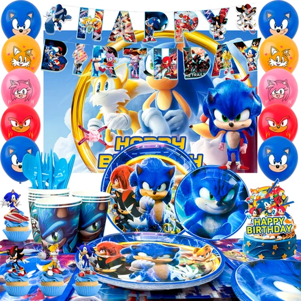 98Pcs Sonic Birthday Decorations,Sonic Party Tableware Banners Balloons Backdrop