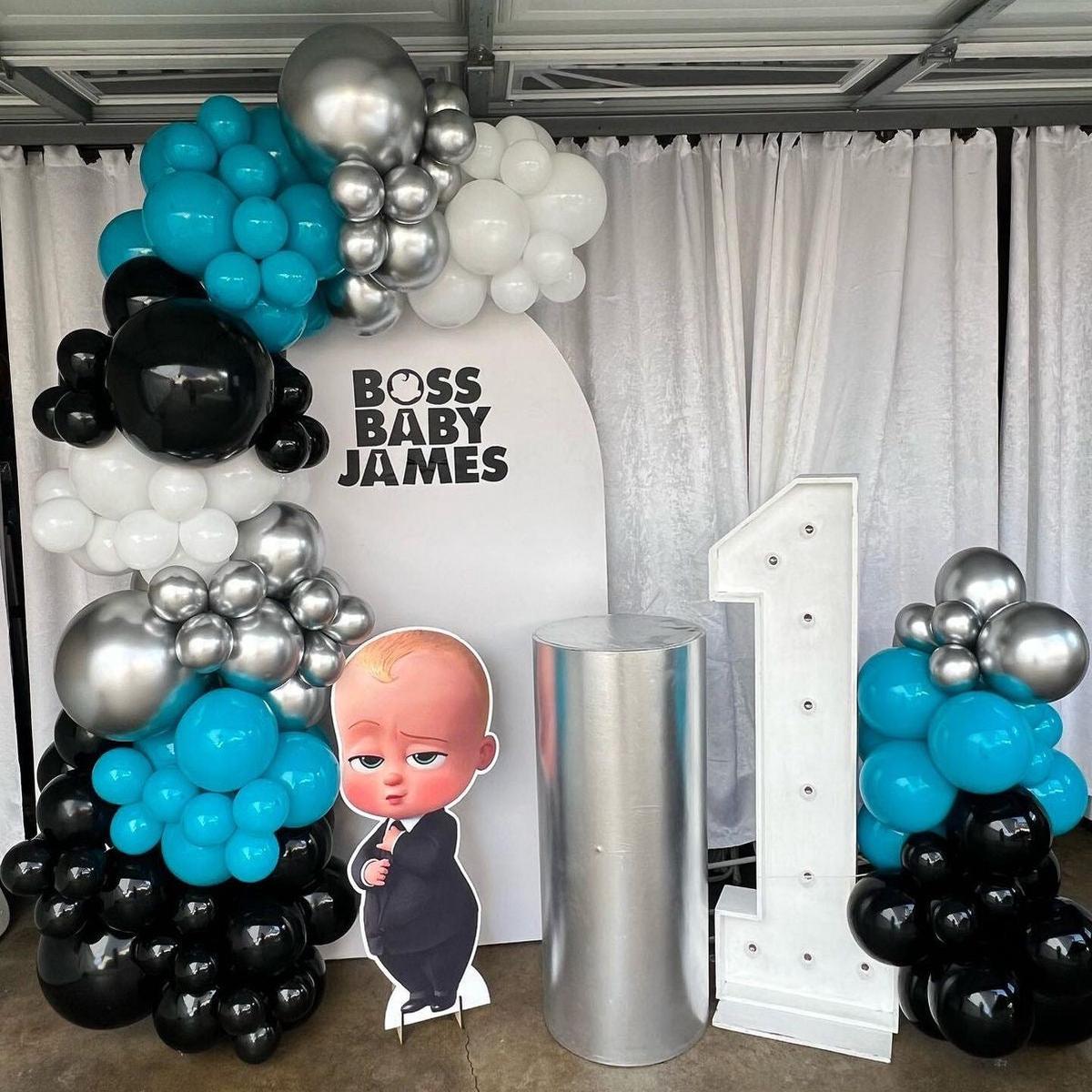 Customizable Backdrop with Balloons White, Silver, Black and Turquoise  with Baby Boss Standee, Cak
