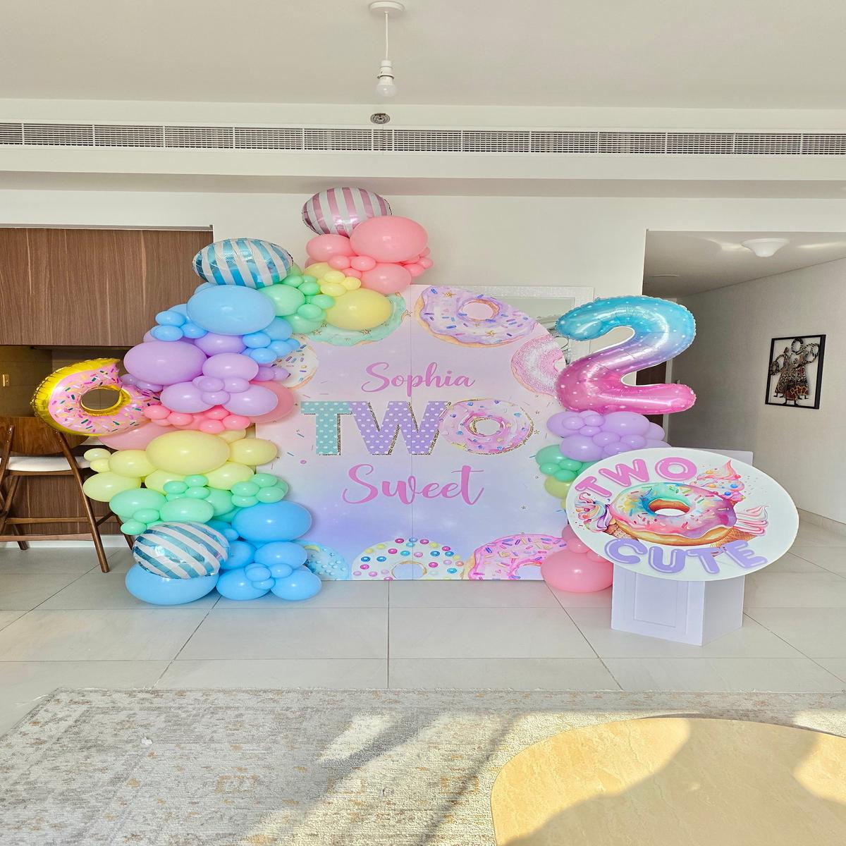 Customizable Board Backdrop Two Sweet with Balloons Pink, Blue, Green, Purple and Yellow with Foil 