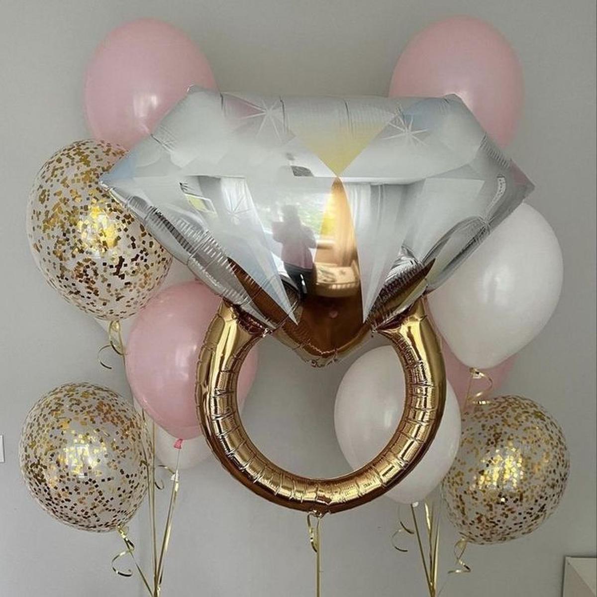 Engagement Gold Diamond Ring with Helium Bunch White, Pink and Clear with Confetti - Bridal Shower 