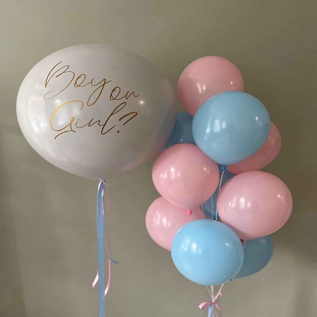 Personalised Helium Balloon Gender Reveal-Themed Clear with Stickers and Blue, Pink Latex Bunch and