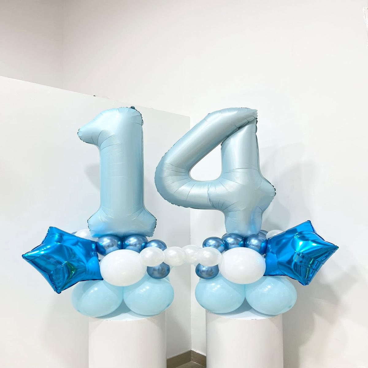 Blue Number Balloon Display with Metallic Numbers, Star Balloons, and White-Blue Balloon Base Featu