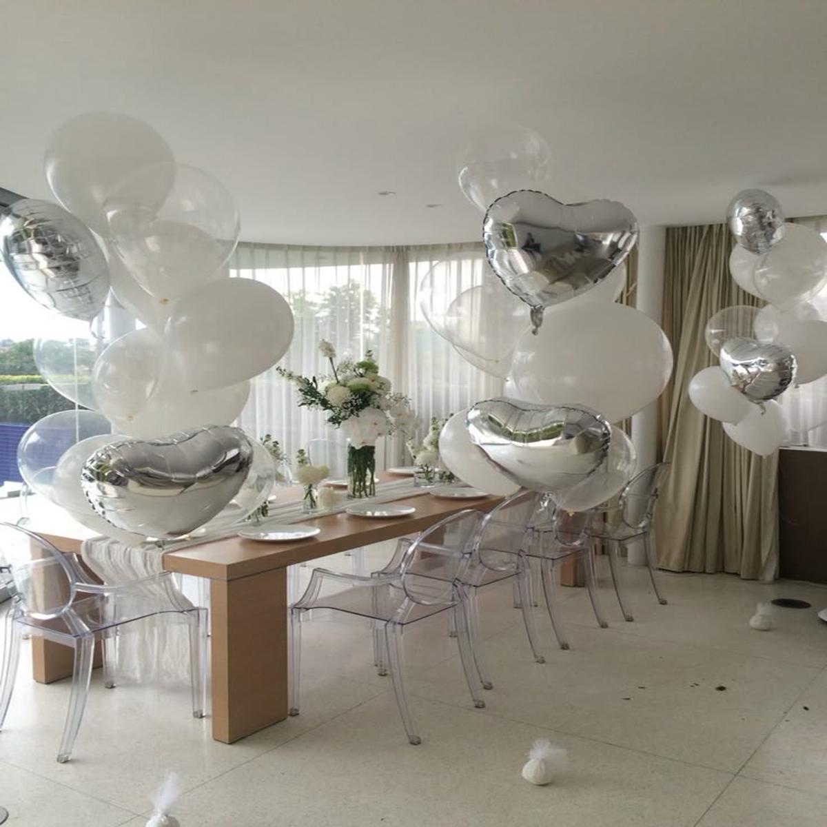 24pcs 10" White and Clear Latex, 3pcs 18" White Latex with 6pcs Silver Heart-Shaped Helium Foil Bal