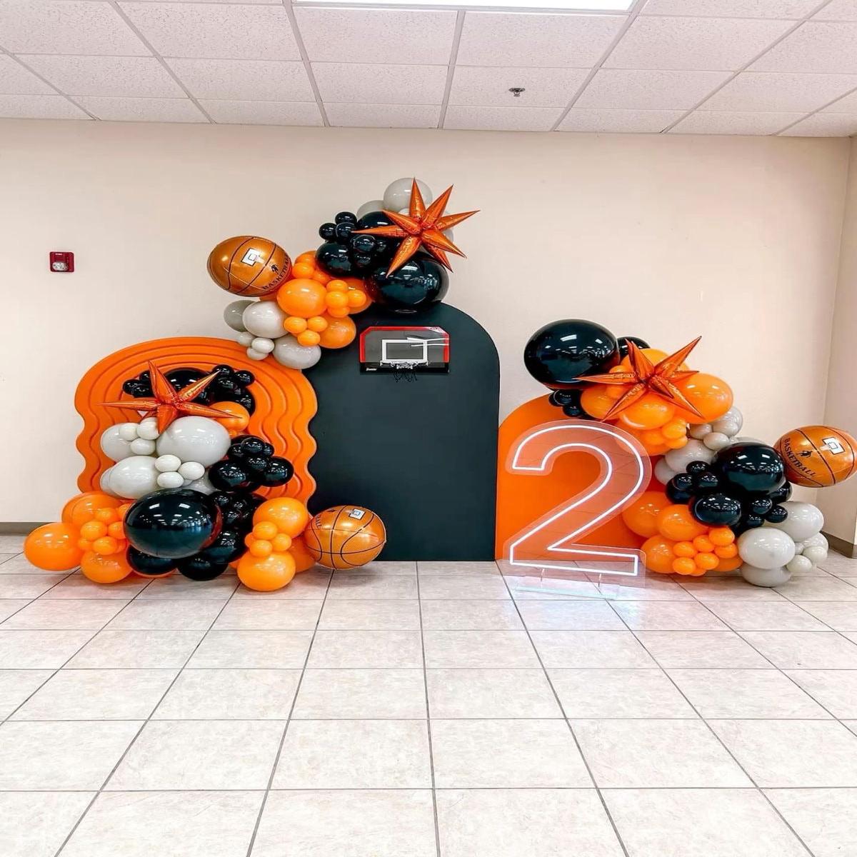 Customizable Board Ball Backdrop with Ring and Balloon Orange, Gray and Black with Ball and Stars a