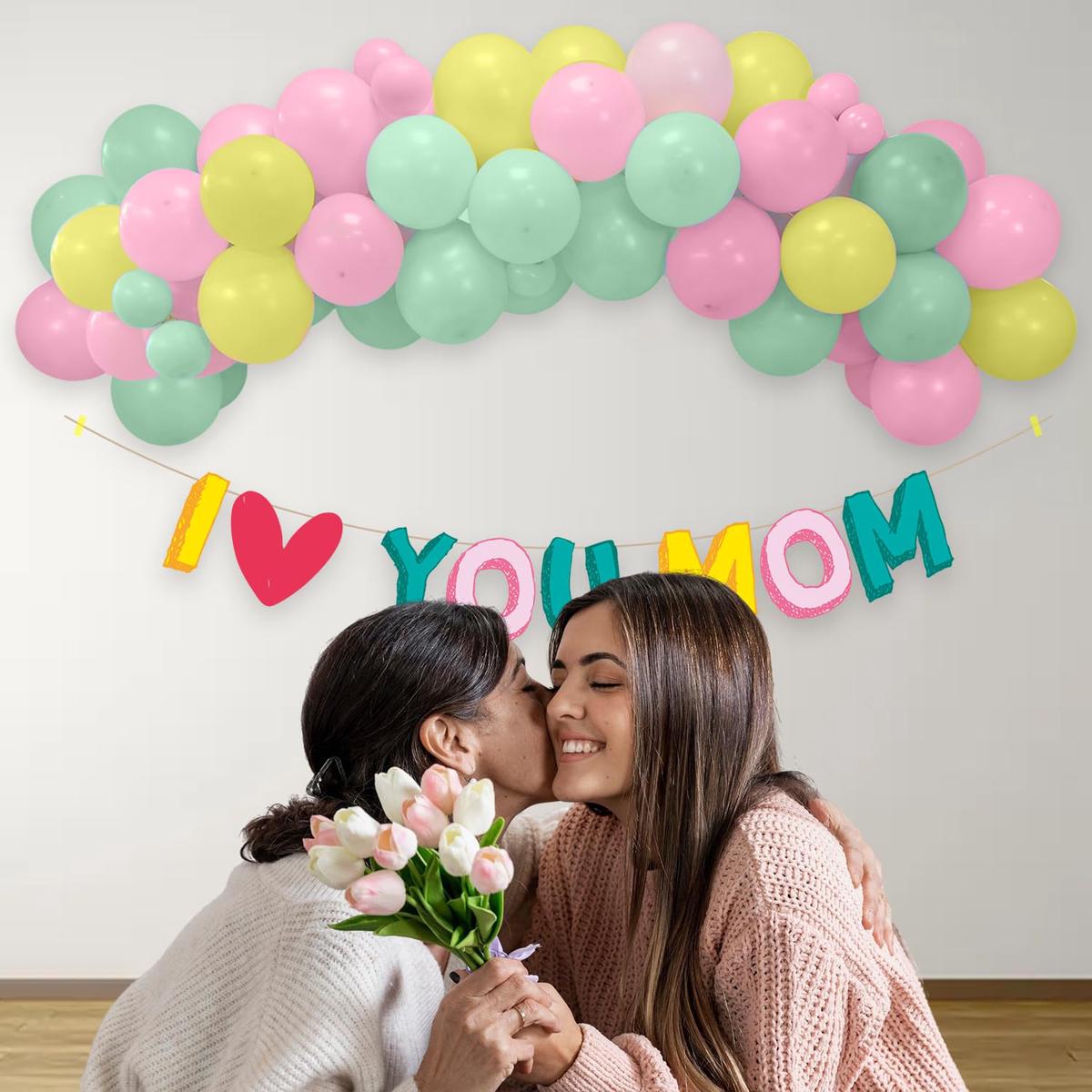 Mothers Day Decoration Items 16 Pcs I Love You Mom Banner & Pastel Balloons for Mom Birthday Decoration
