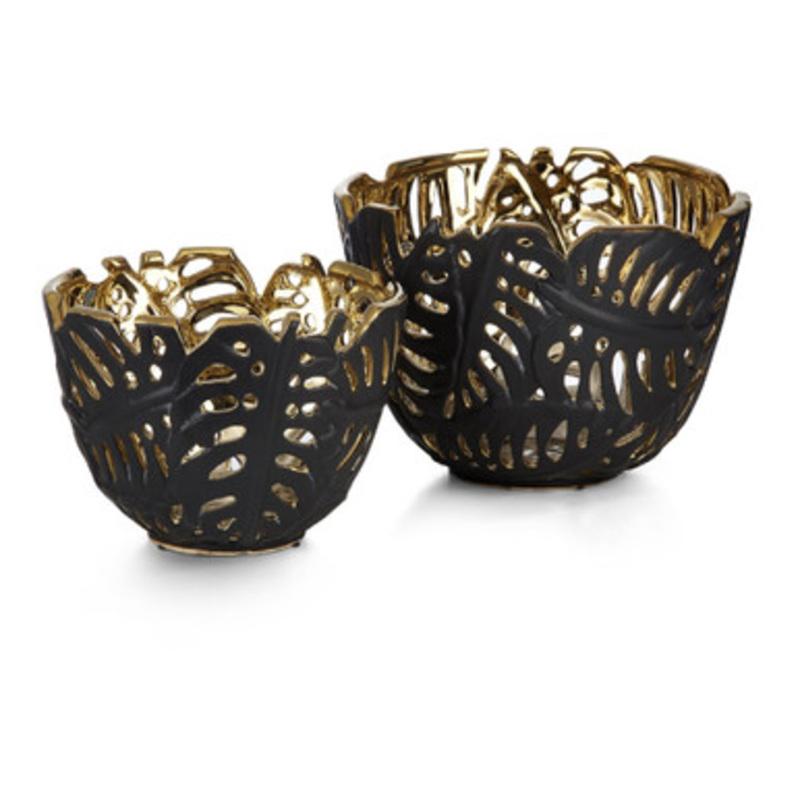 Set of 2 Black and Gold Colored Palm Leaf Cutwork Bowls 13