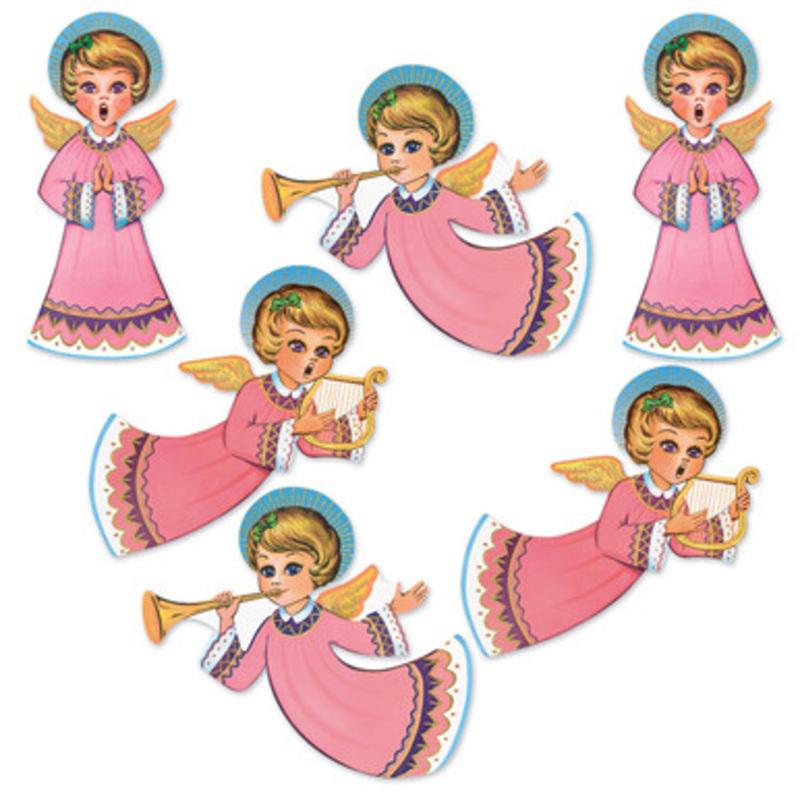 72 Counts Pink and Yellow Vintage Christmas Glittered Angel Cutouts 16.25