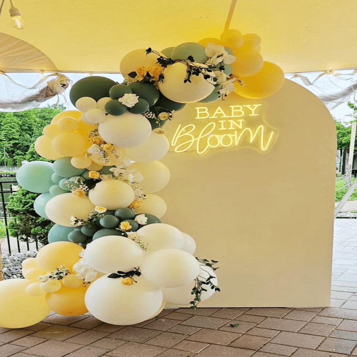 Customizable Board Backdrop with Balloon White, Yellow and Olive Green with Customize Acrylic LED a