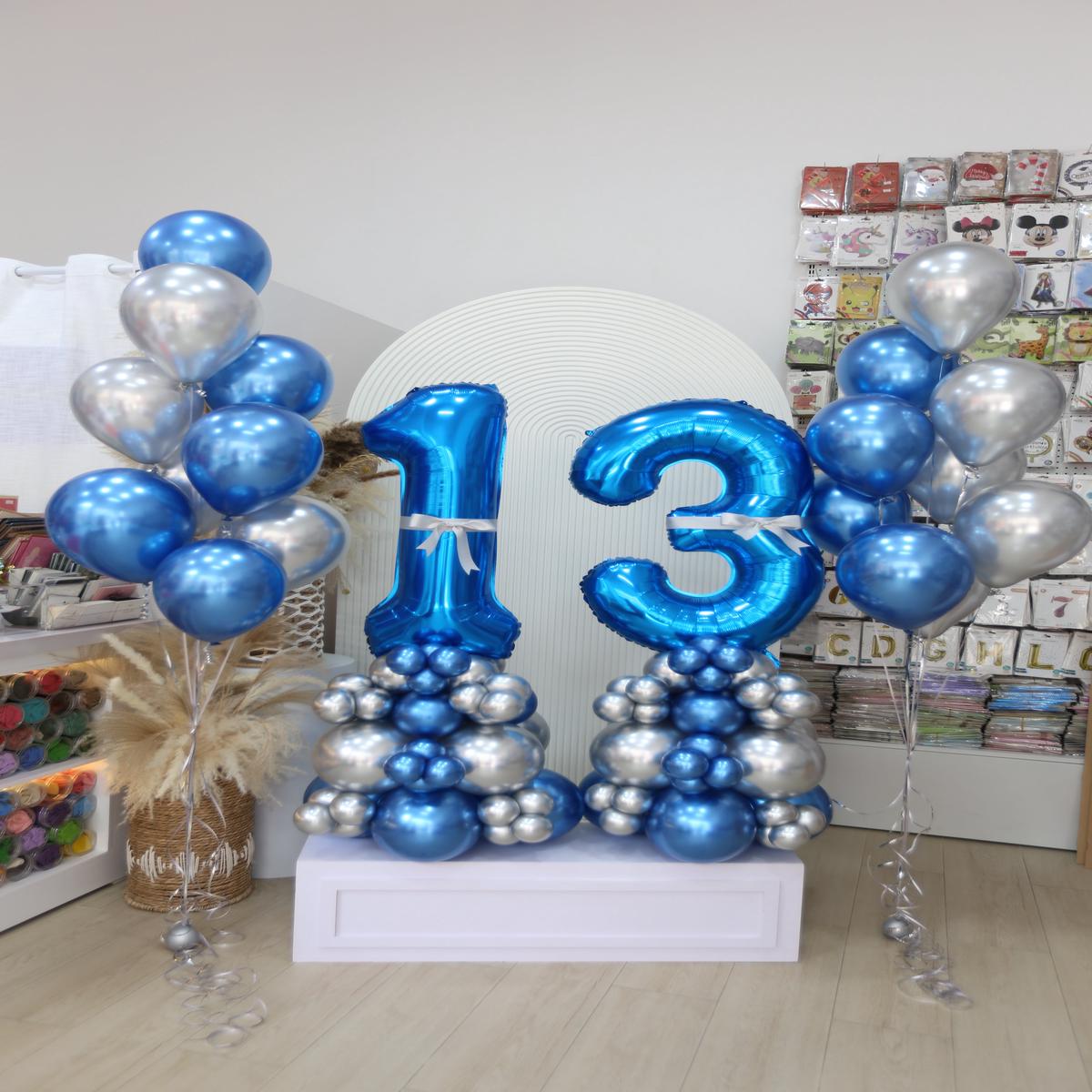 40-inch Numbers 1&3 Balloon on Stand with Ribbons and Bunch Helium Balloons Colors Chrome Blue and 
