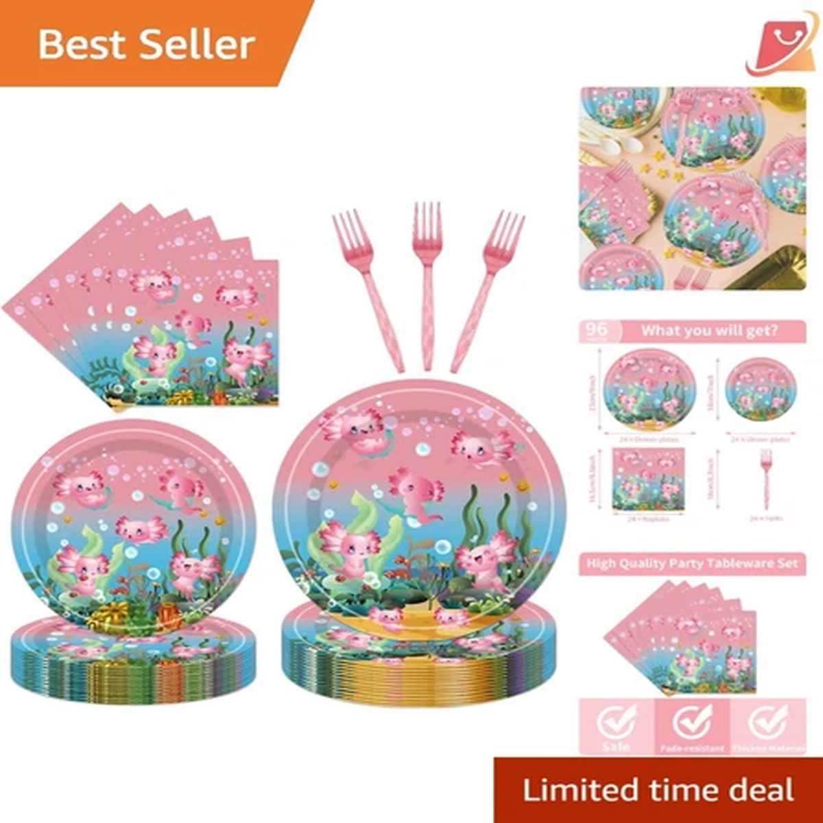96pcs Axolotl Party Supplies Paper Tableware Set for 24 Guests Pink Theme