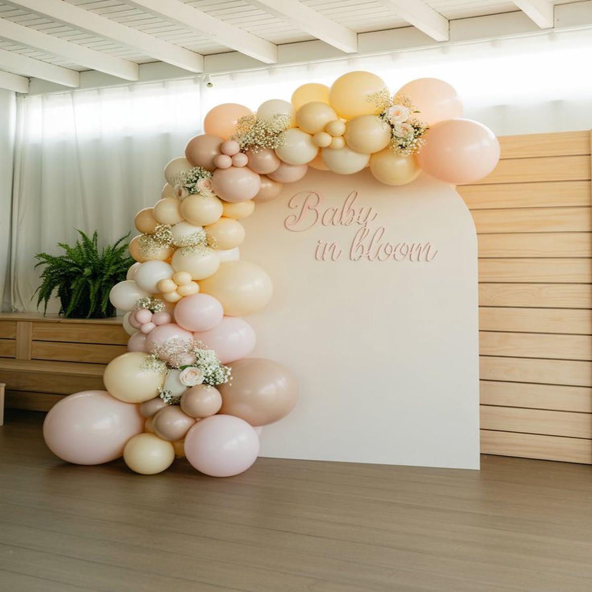 Customizable Board Backdrop with Customize Acrylic, Balloons Peach, Beige, Pink with Artificial Flo