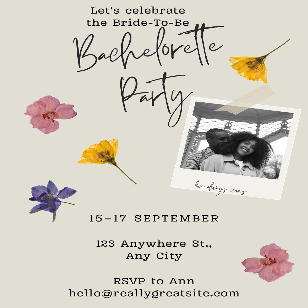 Elegant Floral Photo Bachelorette Party Invitation - Customize with Your Details ( E-Invitation Card )