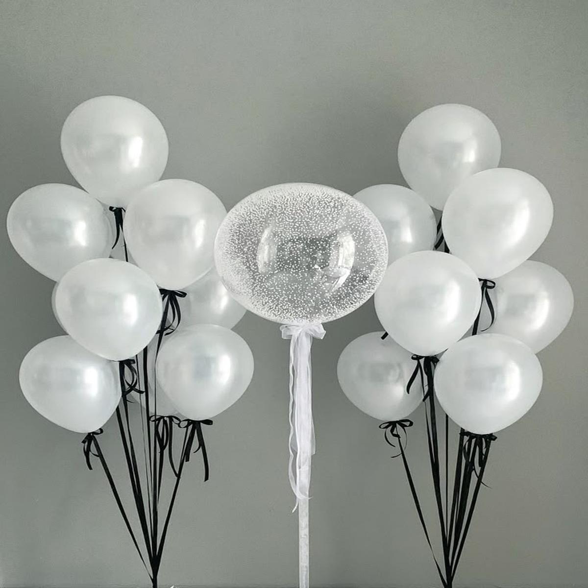 Helium Balloons Clear with White Foam, Ribbons and Customize Sticker and Latex Bunch Pearl White wi